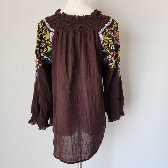 Sundance Amora Blooms Bird Floral Embroidered Boho Top Tassel Cotton Brown Sz.S - Picture 7 of 10